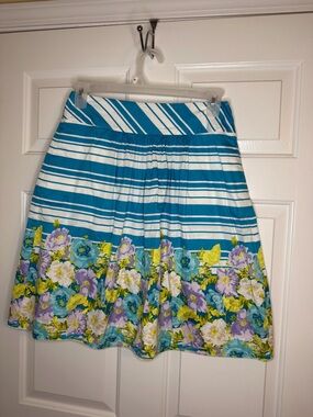 Talbots Teal and White Striped A-Line Skirt with Floral Border Size 6 preppy